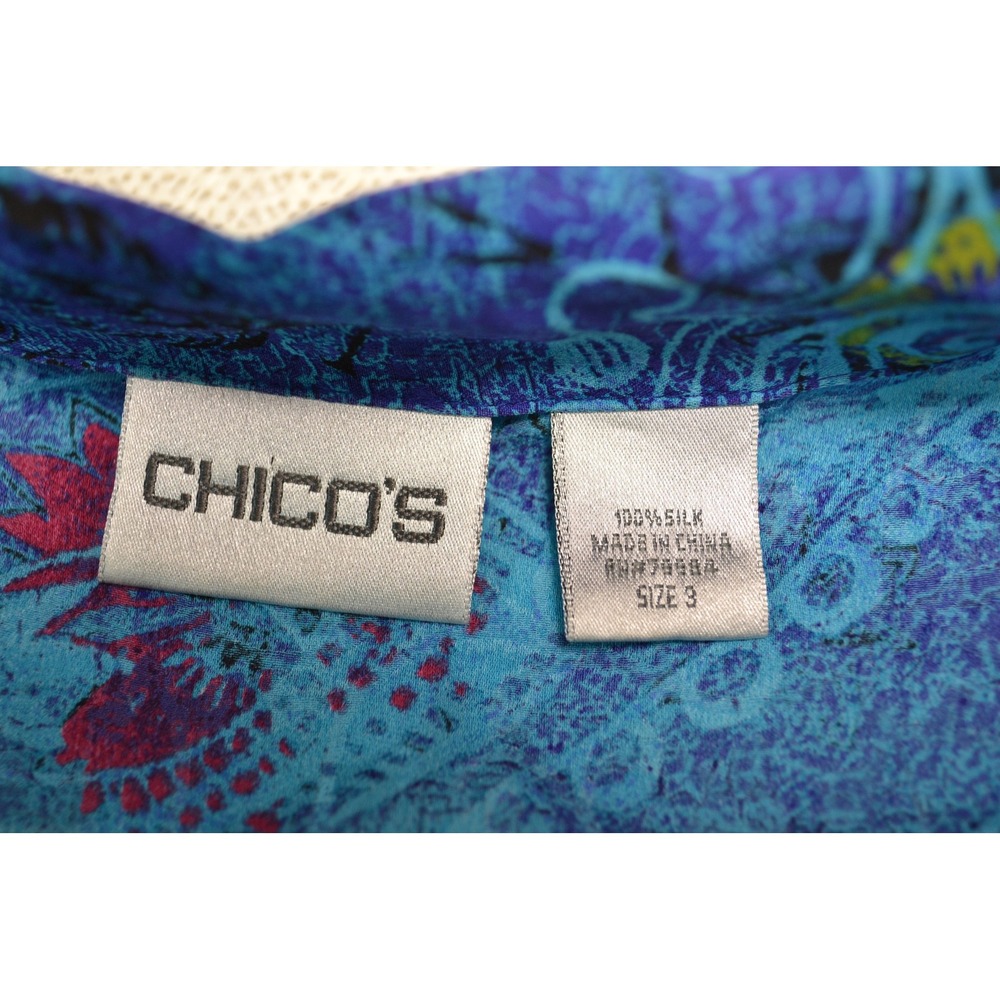 Chico's Silk Paisley Blouse Size 3 Casual Work Travel Fall Blue Multicolor Sheer - Picture 5 of 5